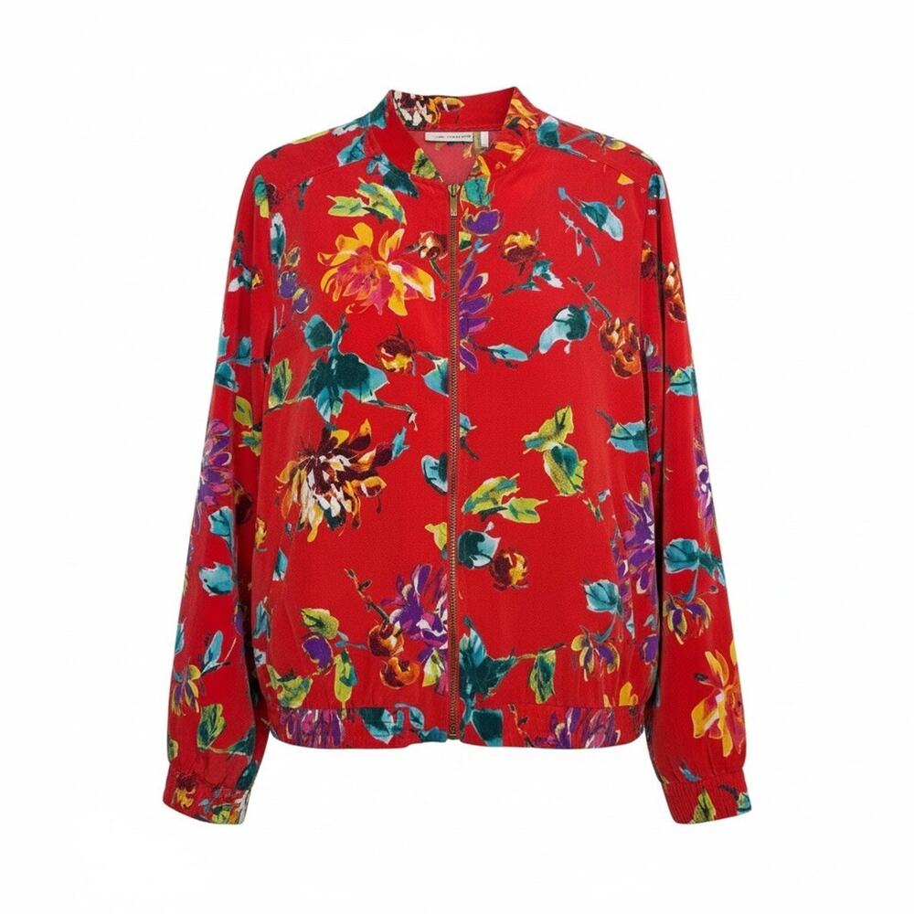 Susan Graver Red Floral Print Spring Bomber Jacket Zip Front Size L Pockets